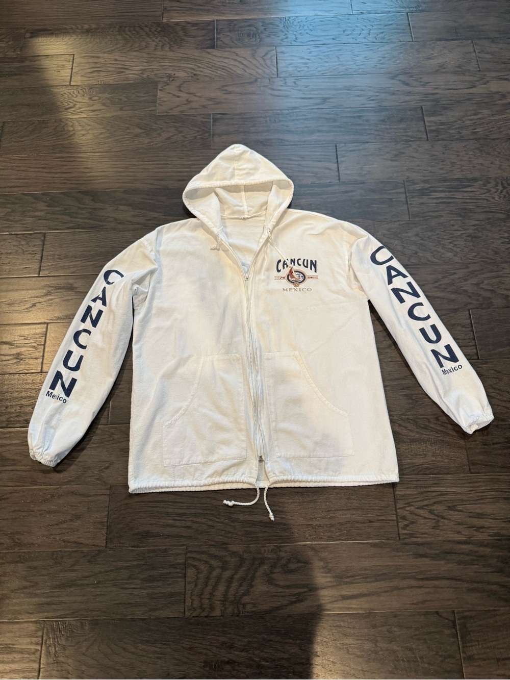 Cancun Mexico White Hoodie Jacket with Navy Text